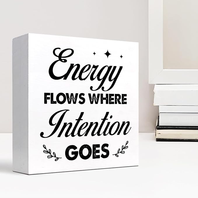 Energy Flows Where Intention Goes Wood Block Sign Desk Decor,Inspirational Wooden Box Plaque Sign Desk Decor for Home Office Cubicle Shelf Table Decor Decorations