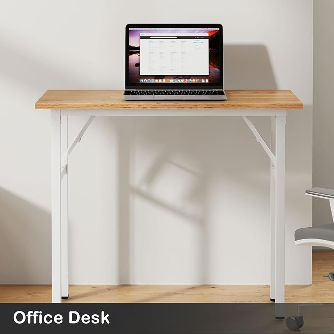 Need Small Computer Desk 31.5 in Folding Home Office Table Teak | White Frame Writing Gaming Work Table/Sturdy Foldable Study Table for Small Space/Dormitory, No Assembly Required