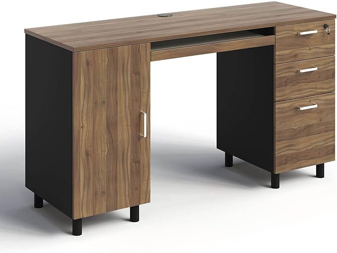 Modern Design By Crafts & comfort Venice Computer Desk - Office Desk with 3 Drawers & CPU Storage Cabinet - Laptop Workstation with Keyboard Tray & Cable Hole - Home & Office Supplies -Cass/black