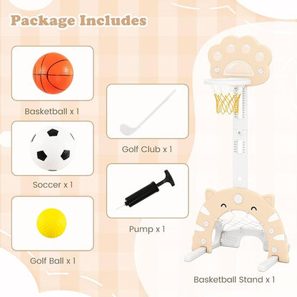 Costzon 3 in 1 Toddler Basketball Hoop, Height Adjustable Kids Sports Center w/Foldable Basketball, Soccer & Golf Game, Indoor Outdoor Activity Playset w/Foldable Rim, Gift for Children Baby Infant