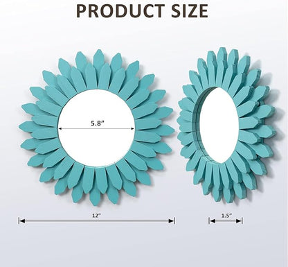 Honiway Beach Wall Decor Mirror 2 Pack 12 inch Wood Coastal Wall Decor Sunburst Boho Home Decor Room Decor for Bedroom Living Room Entryway Cyan