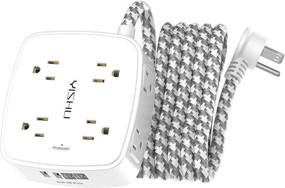Surge Protector Power Strip - YISHU 8 Outlets with 4 USB (2 USB C) Charging Ports, 10Ft Braided Extension Cord, Flat Plug Multi Plug Outlet Extender Charging Station for Home Office, ETL, White