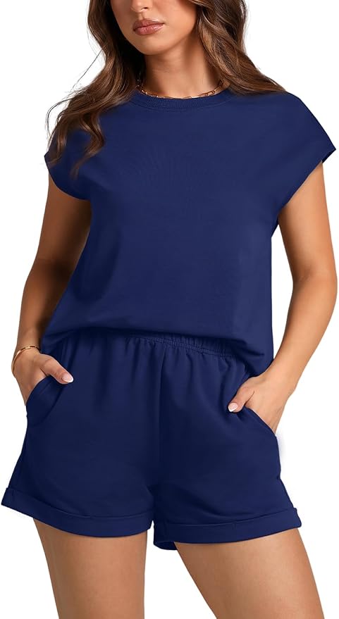 WIHOLL 2 Piece Sets for Women Casual Summer Travel Vacation Outfits Cap Sleeve Shorts Lounge Set