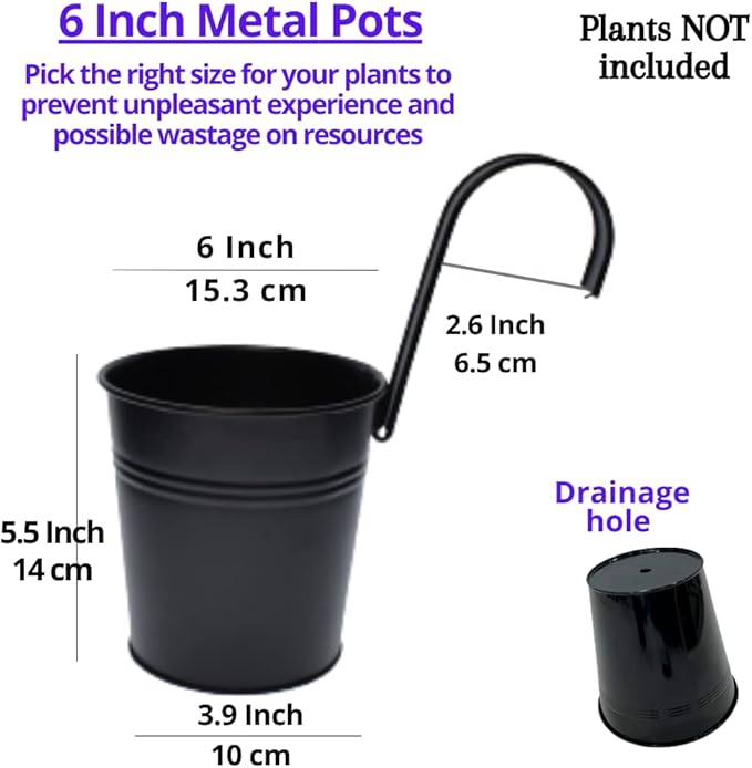 LaLaGreen Railing Planter 10 Pack, 6 Inch Hanging Flower Pot Black, Outdoor Large Metal Iron Fence Bucket, Balcony Garden Wall Deck Porch Patio Rail Decor Hanger Hook Farmhouse Balcony 6'''' (15cm)