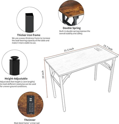 Frylr Foldable Desk 31.5'',Small Desks for Small Spaces with Power Outlet and USB Ports Charging Station,folding computer desk,Home Office Collapsible Desk,Stable Metal Frame,Rustic Brown