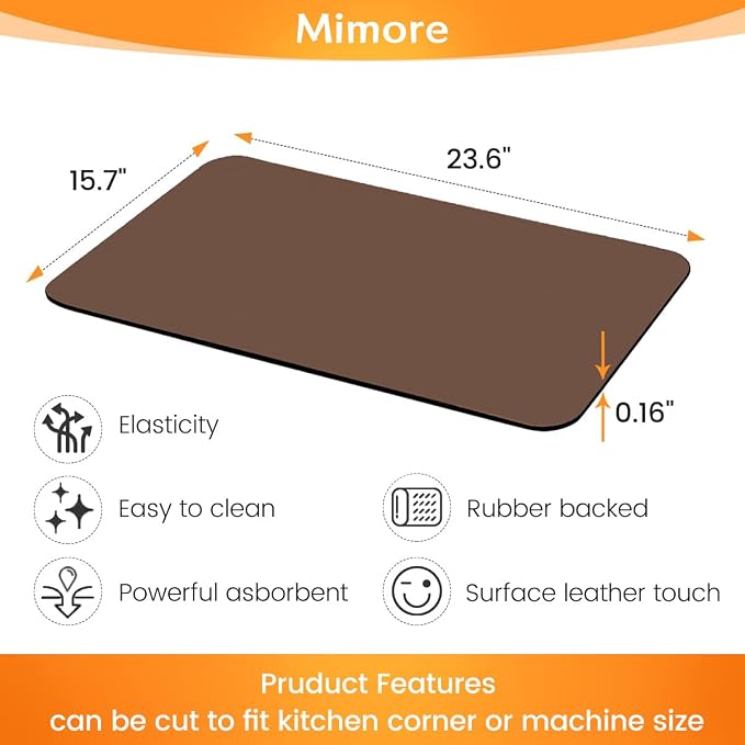 Mimore Coffee Mat - 16x24 Inch Brown Bar Mat for Countertop - Absorbent, Hides Stains, Rubber Backed - Dish Drying Mat Fits Under Coffee Maker, Espresso Machine (Compatible with Ninja Luxe Cafe)