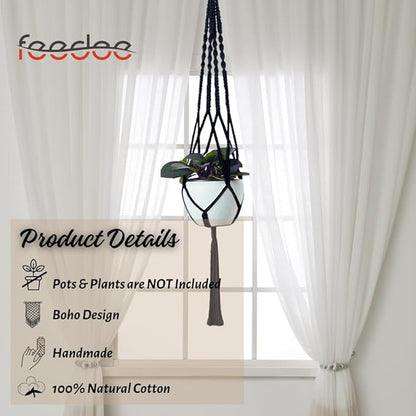 Feedee Macrame Plant Hangers - 6 Pack, Black, Indoor/Outdoor, Cotton