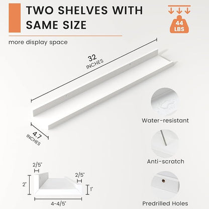 FLYJOE Picture Ledge Shelf, Floating Shelves Set of 2, 32 Inches Nursery Book Shelves for Toys Storage, Kids Bookshelf Wall Mounted for Living Room Bedroom Decor Books Photo Frames, White