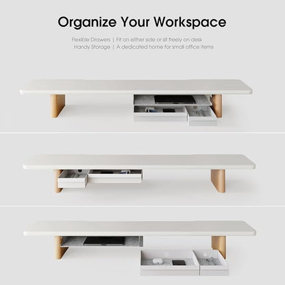 Fenge 42.5" Monitor Stand with Storage Drawers, Minimalist Monitor Riser with Solid Ash Legs and Cable Management, Wooden Desk Shelf for Home Office Workspaces, White