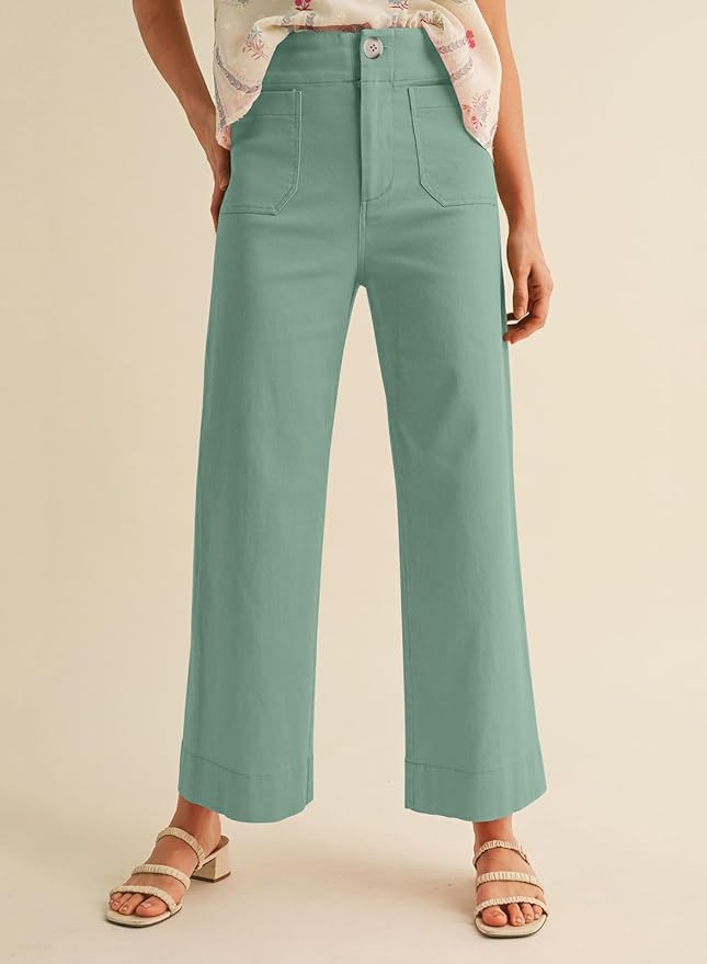 miduo Womens High Waisted Cropped Wide Leg Stretchy Straight Pants Trousers with Pockets