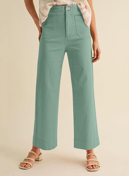 miduo Womens High Waisted Cropped Wide Leg Stretchy Straight Pants Trousers with Pockets