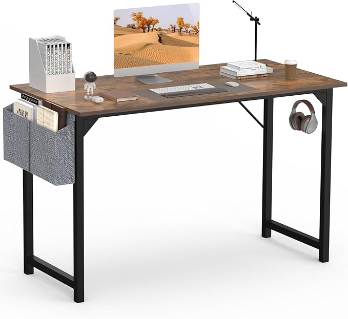 SMUG Computer Desk 48 Inch Home Office Writing Wood Storage Bag & Headphone Hook Simple Bedroom 2 Person Work Study Kids Table, Rustic Brown