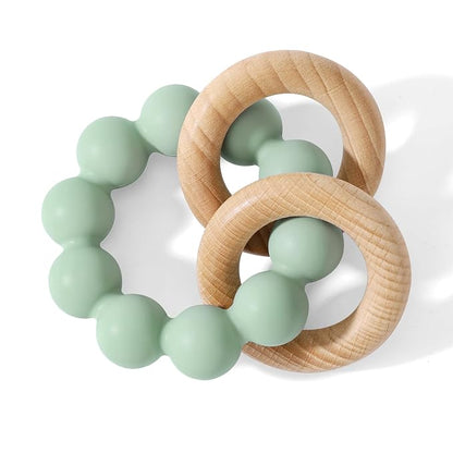 Socub Baby Teething Toys for 0-6 6-12 Months- BPA-Free Food-Grade Silicone & Natural Beech Wood Teether Ring for Newborn Infants Teething Relief- Easy-Grip Sensory Rattle Toys(Cambridge Blue)