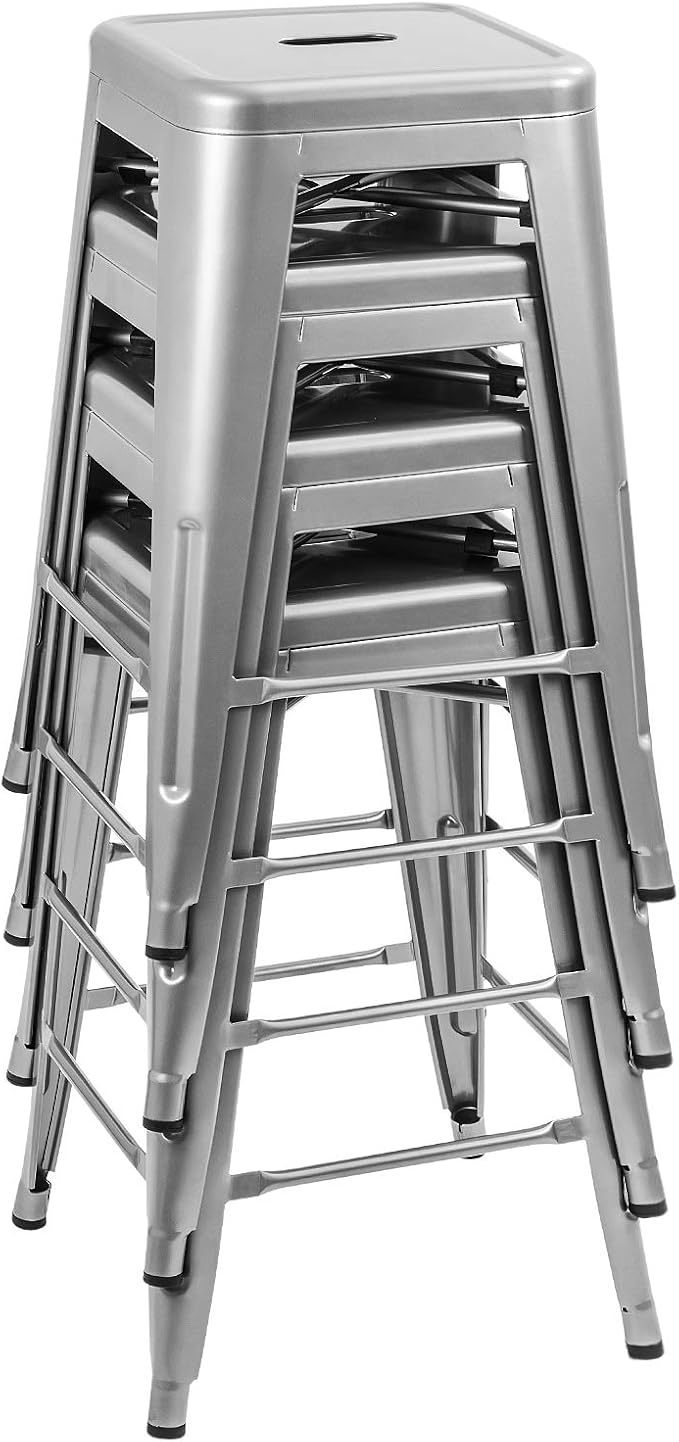 Devoko Metal Bar Stools 24" Indoor Outdoor Stackable Barstools Modern Style Industrial Vintage Counter Bar Stools Set of 4 (24 inch, Silver)