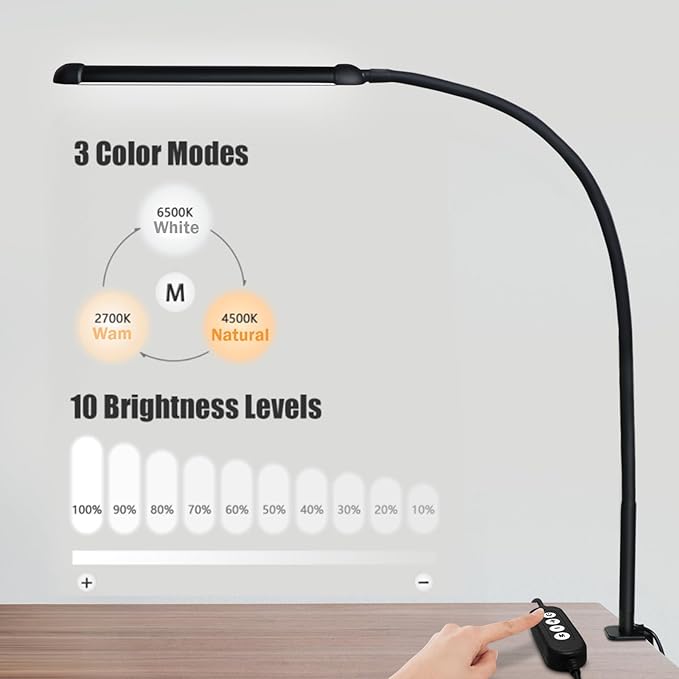 LED Desk Lamp with Clamp, Clamp Light with Adjustable Color Modes,Clip on Light with Long Flexible Gooseneck, Eye-Care Lamp Clamp for Study, Work, Home, Office, (Black, 12W)