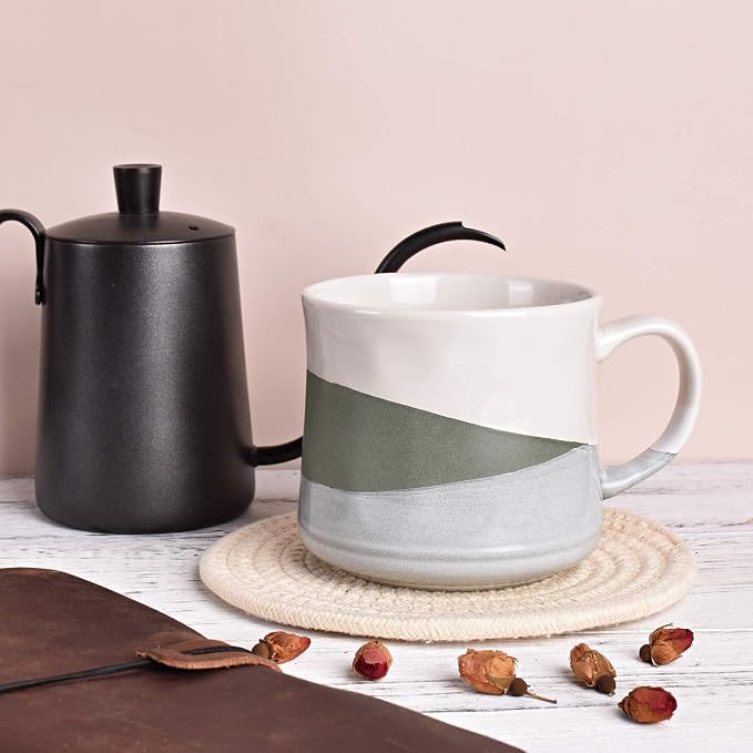 Bosmarlin Large Stoneware Coffee Mug, Big Tea Cup for Office and Home, 21 Oz, Dishwasher and Microwave Safe, 1 PCS (Geometry-Green)