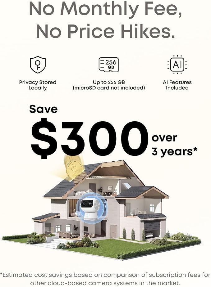 eufy Security 4K Indoor Cam S350, No Subscription, Dual Cameras, 8× Zoom, 360° Coverage, Works as a Pet Camera, Nanny/Senior/Baby Monitor, AI Auto-Tracking, Human/Pet/Cry Detection, 2.4/5 GHz Wi-Fi