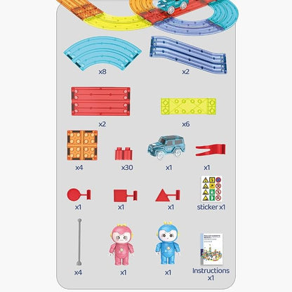 Magnetic Tiles Race Car Track Set STEM Engineering Slot Cars on Flexible Car Tracks 63PCS Educational Magnet Building Blocks Magnetic Car Toys for Kids