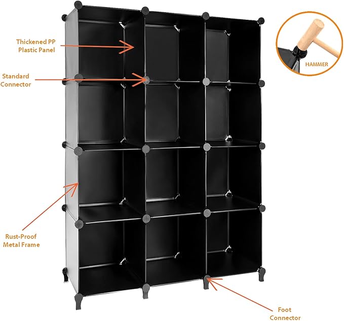 Gold Armour Cube Storage 12-Cube Bookshelf Closet Organizer Storage Shelves Cubes Organizer Plastic Square Book Shelf Bookcase DIY Closet Cabinet Organizer Shelving for Home Office Bedroom (Black)
