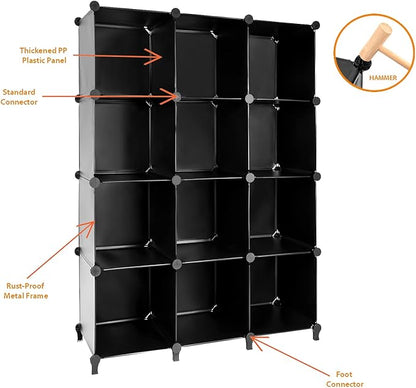 Gold Armour Cube Storage 12-Cube Bookshelf Closet Organizer Storage Shelves Cubes Organizer Plastic Square Book Shelf Bookcase DIY Closet Cabinet Organizer Shelving for Home Office Bedroom (Black)