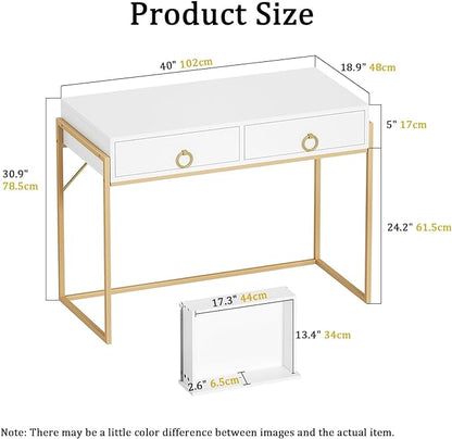 Anmytek Home Office Writing Desk 2 Drawers Storage, Contemporary Makeup Vanity Table Study Desk, W/Matte White and Gold Finish Frame D0003