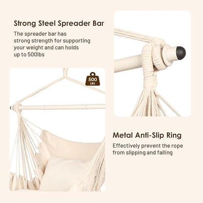 Highwild Hammock Chair Hanging Rope Swing - Max 500 Lbs - 2 Cushions Included - Steel Spreader Bar with Anti-Slip Rings - for Any Indoor or Outdoor Spaces (Beige)