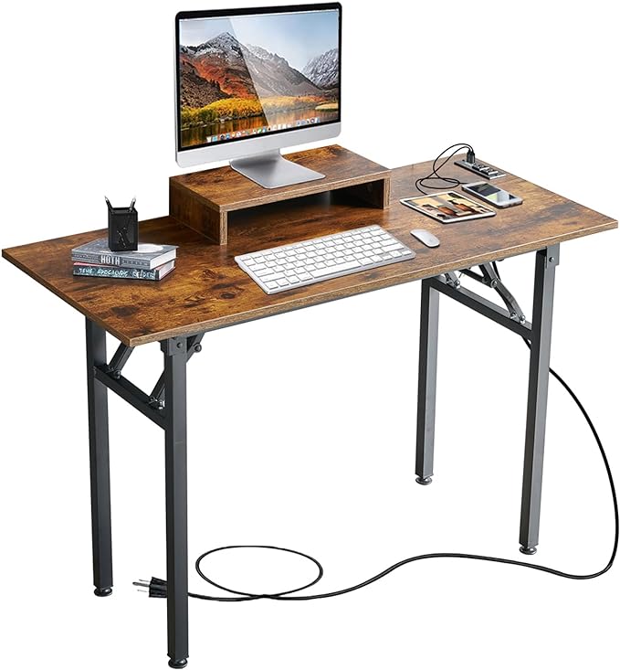 TEMI Computer Desk with Power Outlet and Monitor Shelf Included 43.3" Length Folding Table, Office Desk for Home, No Assembly Desk with Stable Black Frame, Rustic Brown