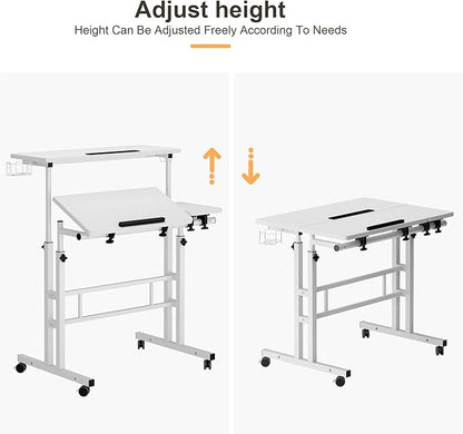 SDHYL 31.5 inches Movable Laptop Desk with Mouse Board Adjustable Height and Angle Anti-Slip Workstation Home Office Desk with Tablet Slot Portable Student Desk, White with Hook