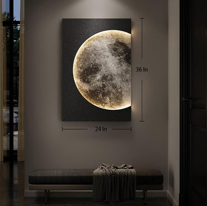Large 3D LED Moon Wall Art, Modern Minimalist Backlit Lighted Lunar Artwork for Walls, Vertical Contemporary Black Textured Paintings for Living Room Bedroom Dining Room Hallway Entryway Wall Decor 24x36 In