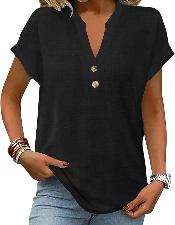 Womens Henley Summer Tops V Neck Button Dressy Casual T Shirts Blouses | Breathable, V-Neck Button, Striped, Loose Fit, Business Casual, Office, Vacation, Spring Summer Tops, Basic Shirts
