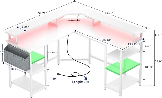 Aheaplus L Shaped Gaming Desk with Power Outlets & LED Lights, Computer Corner Desk with Monitor Stand and Storage Shelf, Home Office Writing Desk with Storage Bag, White