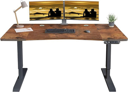 Dual Motor Electric Standing Desk - 63 x 30 Inch Adjustable Height Sit Stand Computer Desk with Splice Board, Stand Up Desk Table for Home Office, Rustic Brown Top(with Radian)
