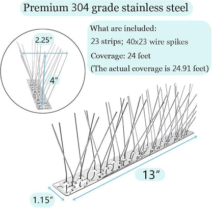 PANGCH Bird Spikes,Stainless Steel Bird Spikes Metal Bird Spikes Fence Spikes Easy to Install - 23 Strips 24.91 Feet Coverage