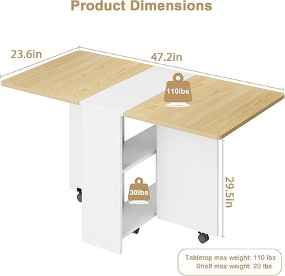 IDEALHOUSE FoldingTable, Drop Leaf Dining Table with 6 Wheels and 2-Layer Storage Shelf, Space Saving Table for Small Spaces (Natural Wood, 47.2" D x 23.6" W x 29.5" H)