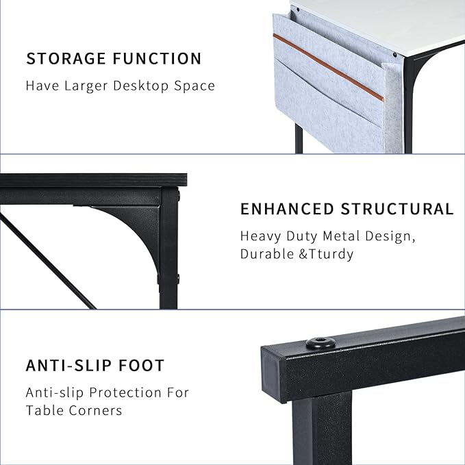 FurnitureR 39.4 inch Study Writing Table with Storage Bag Space Saving for Home Office, Modern PC Metal Frame Computer Desk, Black/White