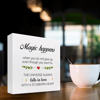 Inspirational Wood Sign,Magic Happens When You Do not Give Up Wood Block Sign Desk Decor,Motivational Sign Wooden Box Plaque Sign for Home College Office Shelf Table Decor Decorations