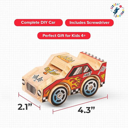 Little Jupiter DIY Wooden Kits w/Stickers - Building Kit - Stem Building Toys - Wood Crafts - Woodworking Kit - Wood Building for Ages 4-7 Yrs (Race Car)