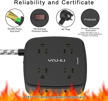 Surge Protector Power Strip - YISHU 8 Outlets with 4 USB (2 USB C) Charging Ports, 5Ft Braided Extension Cord, Flat Plug Multi Plug Outlet Extender Charging Station for Home Office, ETL, Black