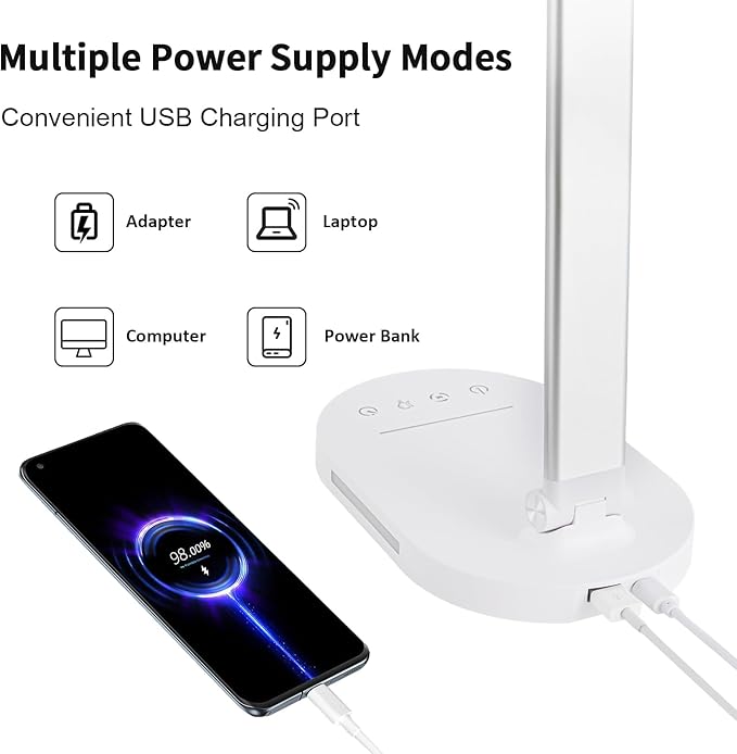 LED Desk Lamp, Dimmable Table Lamp Reading Lamp with USB Charging Port,5 Lighting Modes, Sensitive Control, 60 Minutes Auto-Off Timer, Eye-Caring Office Lamp(White)