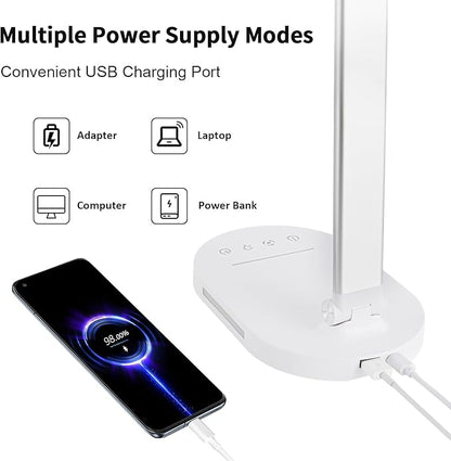 LED Desk Lamp, Dimmable Table Lamp Reading Lamp with USB Charging Port,5 Lighting Modes, Sensitive Control, 60 Minutes Auto-Off Timer, Eye-Caring Office Lamp(White)
