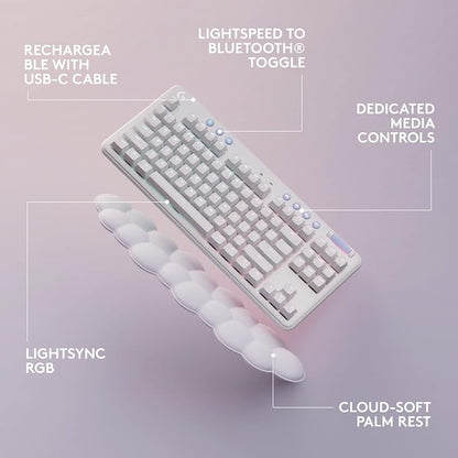 Logitech G715 Wireless Mechanical Gaming Keyboard with LIGHTSYNC RGB, Lightspeed, Tactile Switches (GX Brown), and Keyboard Palm Rest, PC/Mac Compatible - White Mist