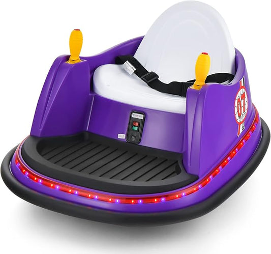 Costzon Bumper Car for Kids, 12V Electric Toddler Bumping Car with Remote Control, Dual Joysticks, 360 Spin, Music, Flashing Lights, Slow Star, Kids Bumper Car Ride on Toy for Boy Girl Gift (Purple)