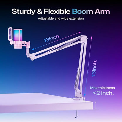 MAONO DGM20S USB Microphone for PC with Clear Voice & Noise Reduction | RGB Lighting, Tap-to-Mute, Gain Control, Monitoring and Boom Arm for Discord Gaming, Streaming, Content Creation.Pink