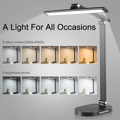 LED Desk Lamp Touch Desk Lamps with 5 Levels Brightness, Dimmable Office Reading Lamp with Adjustable Arm Foldable Table Desk Lamp for Bedroom Bedside Office Study, 3000-6500K(Black)