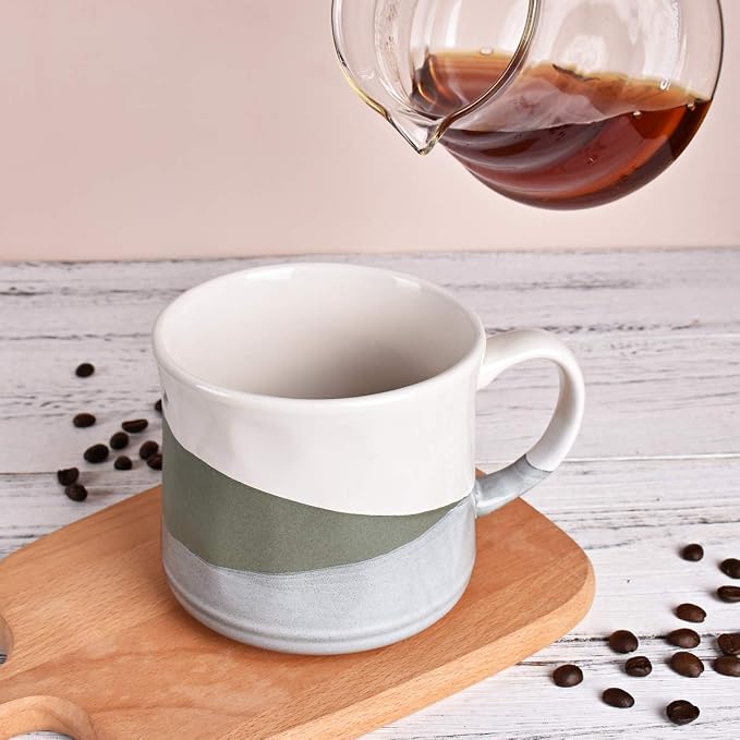 Bosmarlin Large Stoneware Coffee Mug, Big Tea Cup for Office and Home, 21 Oz, Dishwasher and Microwave Safe, 1 PCS (Geometry-Green)