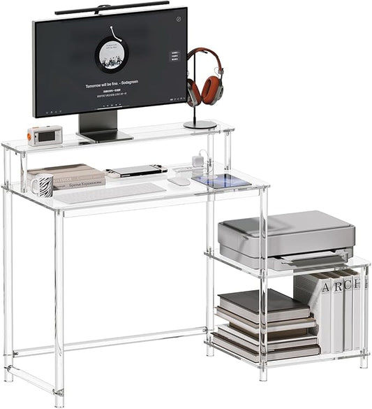 Eglaf Acrylic Desk with Printer Space - Home Office Desk Computer Desk with Power Outlet, Monitor Stand, for Study Working Writing Gaming, 44.5'' L x 18.9'' W x 35.8'' H, Clear