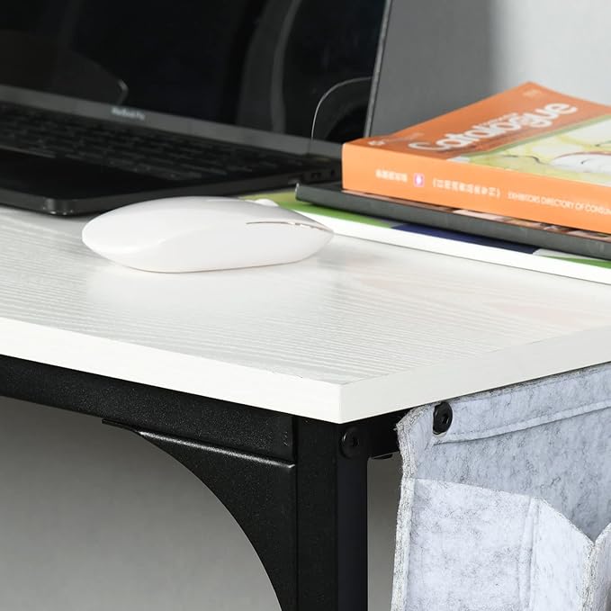 FurnitureR 31.5 inch Small Study Writing Table with Storage Bag Space Saving for Home Office, Modern PC Metal Frame Computer Desk, White