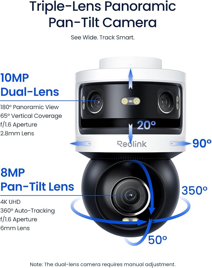 REOLINK OMVI 3i WiFi, 10MP+8MP 4K, Triple-Lens Outdoor Security Camera | 180° Panoramic + Pan-Tilt, SyncTrack&Auto Tracking, Dual-Band WiFi 6, Smart Detection, Local AI Video Search, No Monthly Fees