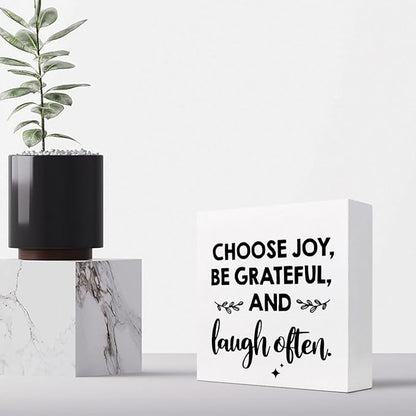 Inspirational Wood Box Sign Desk Decor,Choose Joy Be Grateful and Laugh Often Wood Plaque Signs,Rustic Positive Wooden Block Sign Decor for Office Workplace Classroom Shelf Table Decoration C1078