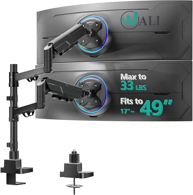 WALI Vertical Dual Monitor Mount for 17-49 inch Ultrawides Curved Screens, Heavy Duty Stacked Dual Monitor Stand for Desk, Adjustable Ultrawide Monitor Arm up to 33lbs, VESA Mount 75/100mm, Black